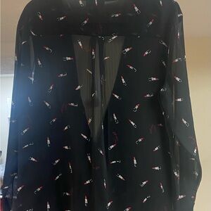 DKNY Black Blouse with Lipstick Print